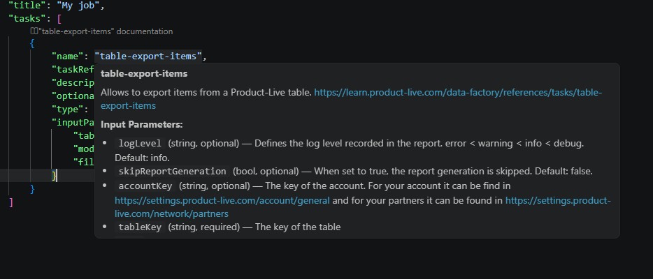 Screenshot of inline documentation displayed when hovering over a task name in a job.json file