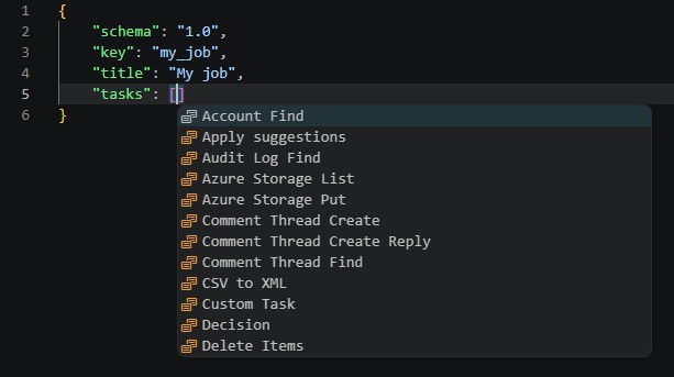 Screenshot of autocompletion suggestions in a job.json file